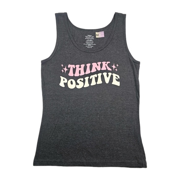 Country Blessings Tops - Think Positive Super Soft Womens Med Grey Charcoal Tank Top Fun Support Spellout